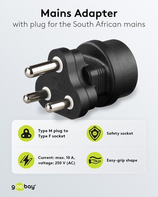 Adaptér cestovný Európa SCHUKO (CEE7/3) -> Južná Afrika, India (BS-546), max. 16A, čierny