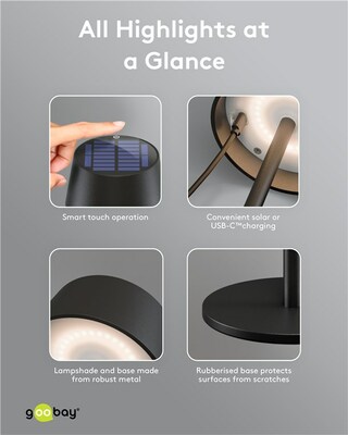 Solárna stolná LED lampa, 150lm, vonkajšia IP44, nabíjacia 1800mAh, teplá biela 3000K, farba čierna