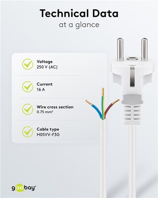 Kábel sieťový 230V, vidlica (CEE7/7) priama - dutinky, 1.5m, 0.75mm², 16A, surový, biely