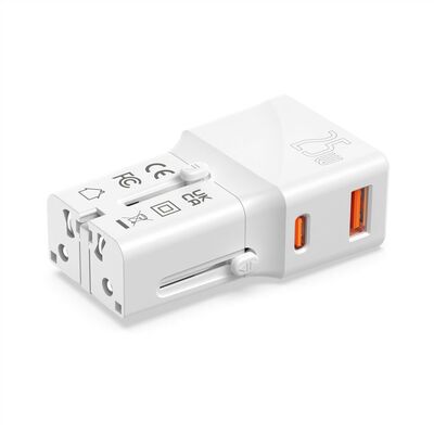 Nabíjačka USB 230V 2port, EU/UK/US, 1xUSB A, 1xUSB Typ C, 25W, PD, QC 3.0, cestovná/skladacia, biela