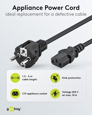 Kábel sieťový 230V, vidlica (CEE7/7) priama - C13, 1.8m, 0.75mm², 10A, čierny