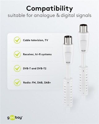 Kábel anténny, koax TV M/F predlžovací 1.5m, 75 Ohm, 80dB, 2x tienený, CCS, s ferritom, biely