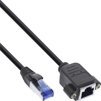 S/FTP (PiMF) Patchkábel 0.5m cat.6a, čierny, Cu, predlžovací M/F s montážou na panel