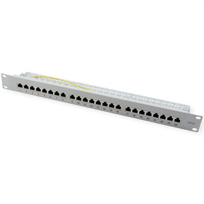 19" Patch panel 24port cat.6a, tienený s uzemnením, celokovový, 1U, sivý