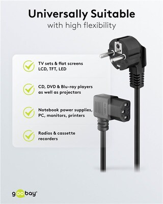 Kábel sieťový 230V, vidlica (CEE7/7) lomená - C13 zahnutý (doľava), 3m, 1.00mm2, 10A, čierny