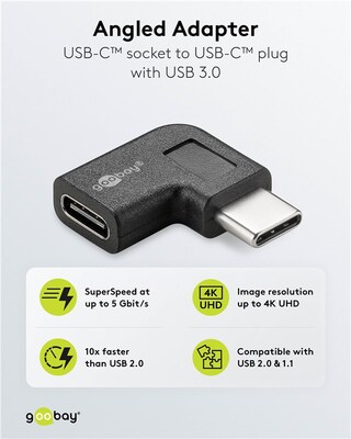 Adaptér USB 3.2 Gen 1, Typ C, C-C M/F, 5Gbps, zahnutý doprava/doľava 90°, čierny
