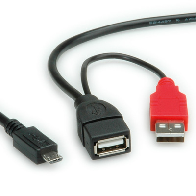 Kábel USB 2.0 2xA-MICRO-B F/M 1m, High Speed, OTG, čierny, Y-kábel, Extra napájanie