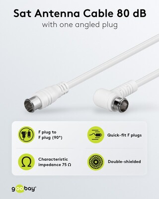 Kábel satelitný, koax F-konektor QUICK M/M 2.5m, 75 Ohm, 80dB, 2x tienený, CCS, biely, 1x90°