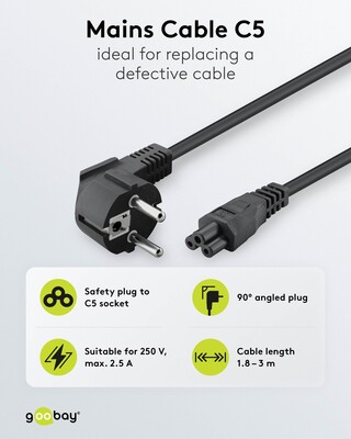 Kábel sieťový 230V pre notebook, vidlica (CEE7/7) lomená - C5, 1.8m, 0.75mm², 2.5A, čierny