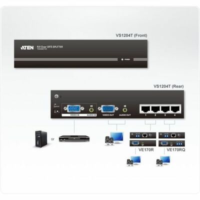 Video distribútor / splitter VGA + audio 1IN/4OUT cez 1xTP cat5e do 300m, Local monitor