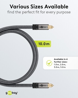 Kábel Toslink audio optický SPDIF prepojovací M/M 10m, ø6.5mm, pozl. konektor, čierny/sivý