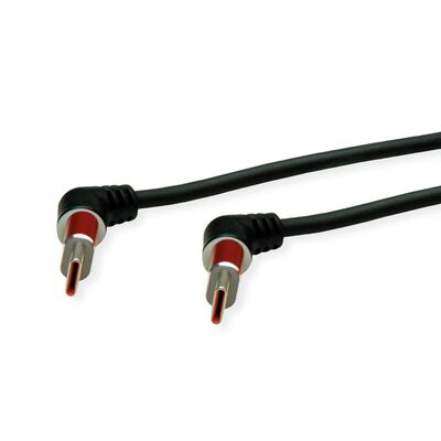 Kábel USB 2.0 Typ C CM/CM 1m, High Speed, čierny/červený, zahnutý 90°, otočné konektory