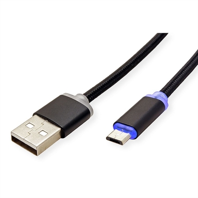 Kábel USB 2.0 A/MICRO-B M/M 1m, High Speed, čierny, LED signalizácia, kovové krykty