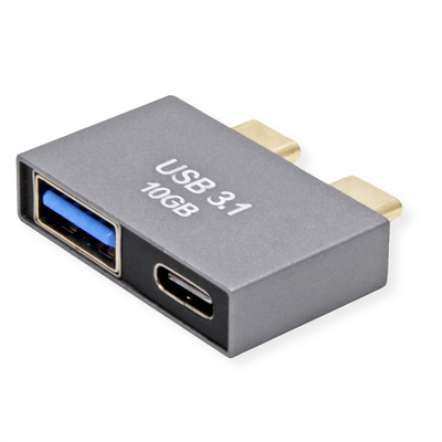 Adaptér USB 3.2 Gen 2, Typ C, dvojitý, 2x CM/CF+AF, priamy°, 10Gbps,PD 60W, 5V3A, sivý/čierny