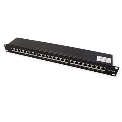 19" Patch panel 24port cat.6a, tienený s uzemnením, celokovový, 1U, čierny