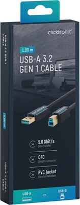 Kábel USB 3.2 Gen 1, A-B M/M 1.8m, 5Gbps, modrý, ClickTronic, pozl. konektor