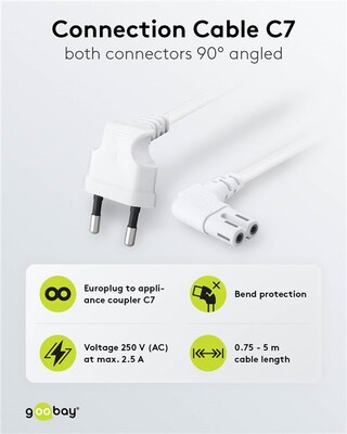 Kábel sieťový 230V, 2pin vidlica (CEE7/16) lomená - C7 (2pin) zahnutý, 0.75m, 0.75mm², 2.5A, biely