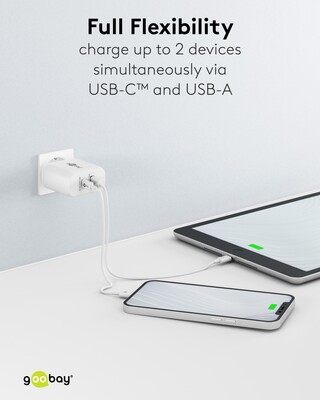 Nabíjačka USB 230V 2port, 1xUSB A 2.0, 1xUSB C (Power Delivery), 65W, GaN, biela