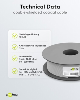 Kábel koax. návin 100m, RG59, 75 Ohm, 2x tienený, 100 dB, 6.9mm, CCS, biely