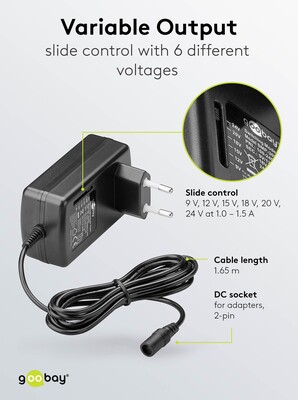 Adaptér NTS 1500mA Univerzálny 9-24V, 24W, 1.6m kábel, konektory: DC, čierny