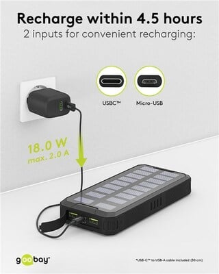 Solárna PowerBank 20000mAh, QC 3.0, Lítiová, Zabudované LED svetlo, čierna