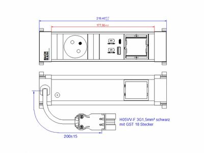 Power Frame 1xUTE 230V, 1xCustom, nabíjačka (USB A + USB C), 0.2m kábel 1.5mm², GST18, hliník/čierny