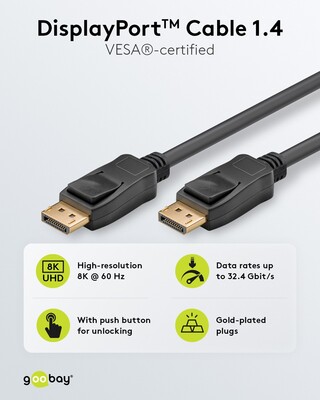Kábel DisplayPort M/M 1m, 8K@60Hz, DP v1.4, 32.4Gbit/s, čierny, pozl. konektor