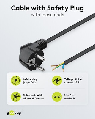 Kábel sieťový 230V, vidlica (CEE7/7) lomená - dutinky, 2m, 0.75mm², 16A, surový, čierny