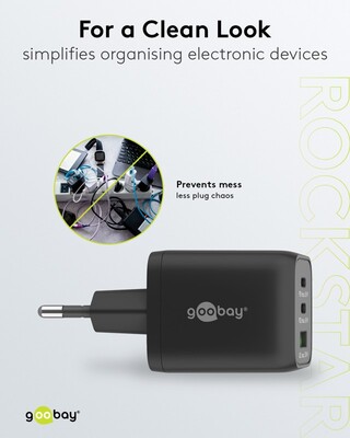Nabíjačka USB 230V 3port, 1xUSB A, 2xUSB Typ C, 65W, Power Delivery, GaN, čierna
