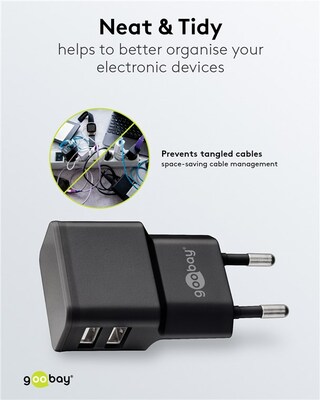 Nabíjačka USB 230V 2port, 2xUSB A, 2.4A, 12W, čierna