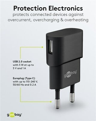 Nabíjačka USB 230V 1port, 1xUSB A, 1A, 5W, čierna