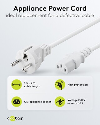 Kábel sieťový 230V, vidlica (CEE7/7) priama - C13, 1.5m, 0.75mm², 10A, biely