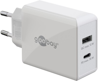 Nabíjačka USB 230V 2port, 1xUSB A, 1xUSB Typ C, 30W, Power Delivery, Quick Charge 3.0, biela §§