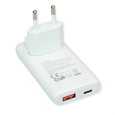 Nabíjačka USB 230V 2port, EU/US, 1xUSB A, 1xUSB Typ C, 65W, PD, QC 3.0, cestovná/skladacia, biela