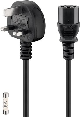 Kábel sieťový 230V, vidlica (BS1363A) UK lomená - C13, 1.8m, 0.75mm², 5A, čierny