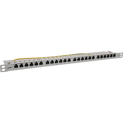 19" Patch panel 24port cat.6a, tienený s uzemnením, celokovový, protiprachové záslepky, 0.5U, sivý