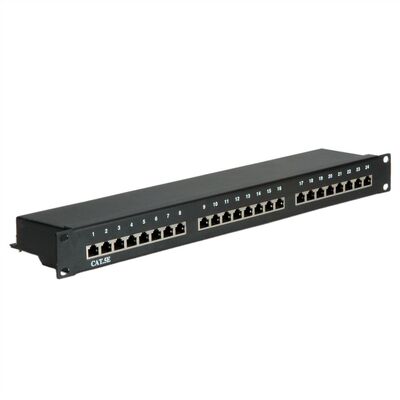 19" Patch panel 24port cat.5e, tienený s uzemnením, celokovový, 1U, čierny
