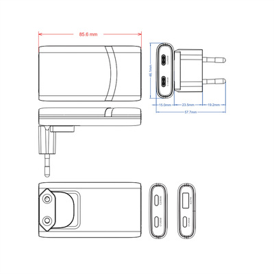 Nabíjačka USB 230V 2port, EU/US, 1xUSB A, 1xUSB Typ C, 65W, PD, QC 3.0, cestovná/skladacia, biela
