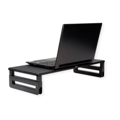 Stojan/podstavec na monitor/notebook, výškovo nastaviteľný, čierny, drevený