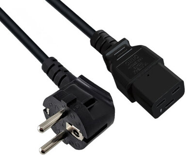 Kábel sieťový 230V, vidlica (CEE7/7) lomená - C19, 5m, 1.50mm², 16A, čierny