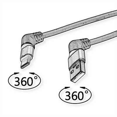 Kábel USB 2.0 AM/CM Typ C 1m, High Speed, čierny/červený, uhľový 90°, otočné konektory