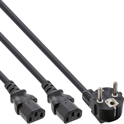 Kábel sieťový 230V, vidlica (CEE7/7) lomená - 2x C13, 1m, 1.00mm²/0.75mm², Y-Kábel, čierny