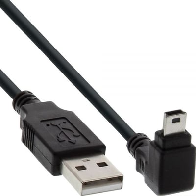 Kábel USB 2.0 A-MINI-B 5pin M/M 3m, High Speed, čierny, uhľový konektor 90° smerom dole