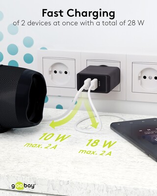 Nabíjačka USB 230V 2port, 2xUSB A, 28W, Quick Charge 3.0, čierna