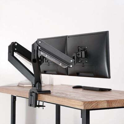 Držiak pre 2x monitor na stôl, úchyt o dosku, pneumatický, max 15kg, rameno 526mm VESA 75/100 čierny