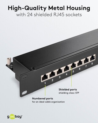 19" Patch panel 24port cat.6a, tienený s uzemnením, celokovový, 1U, čierny