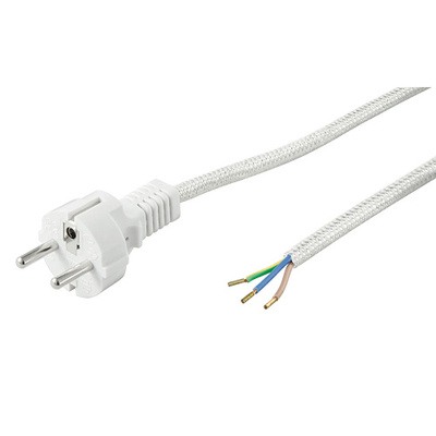 Kábel sieťový 230V, vidlica (CEE7/7) priama - dutinky, 3m, 1.00mm², 16A, surový, textilný, sivý