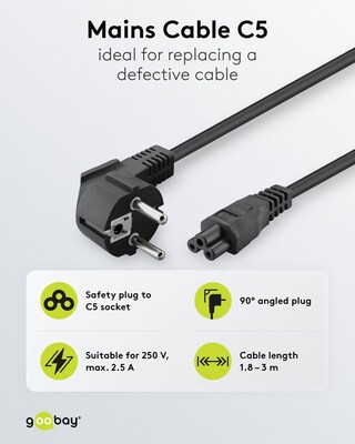 Kábel sieťový 230V pre notebook, vidlica (CEE7/7) lomená - C5, 1.8m, 0.75mm², 2.5A, čierny
