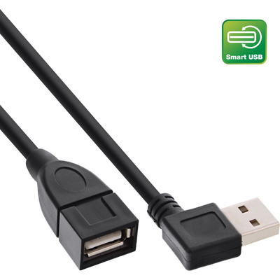 Kábel USB 2.0 A-A M/F 2m, High Speed, predlžovací, čierny, zahnutý 90°
