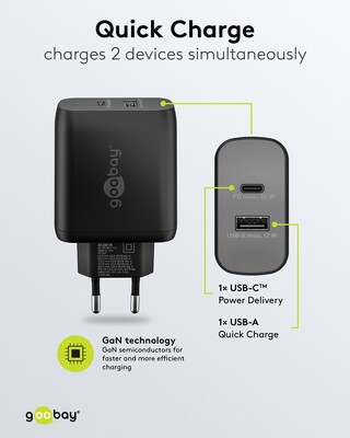 Nabíjačka USB 230V 2port, 1xUSB A 2.0, 1xUSB C (Power Delivery), 65W, GaN, čierna